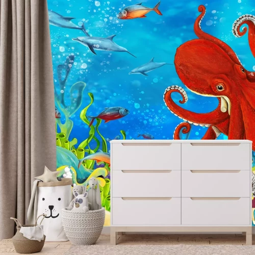 Fototapete Buntes Korallenriff mit Fischen Delfinen und Oktopus Meereswelt