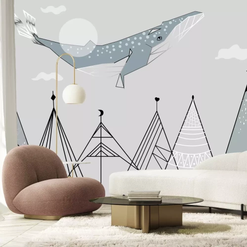 Fototapete Abstrakte Landschaft mit Bergen und Wal märchenhaftes Kinderdesign