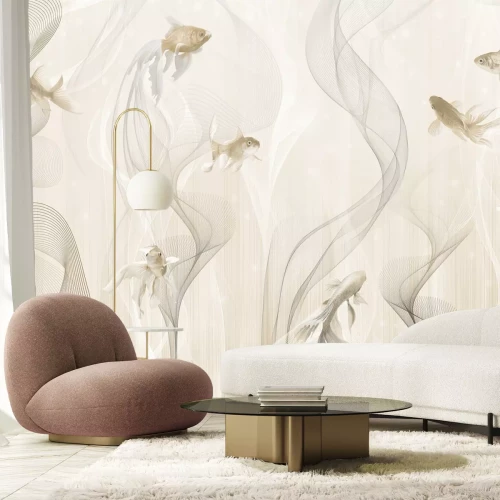 Fototapete Modernes Muster Fische und Linien auf beigem Hintergrund im minimalistischen Stil