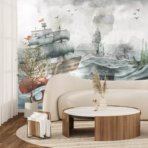 Fototapete Unterwasserwelt mit Oktopus Schiff und Fischen märchenhaftes Muster