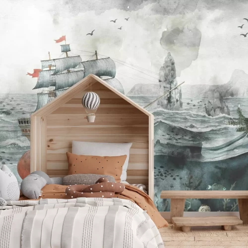 Fototapete Unterwasserwelt mit Oktopus Schiff und Fischen märchenhaftes Muster