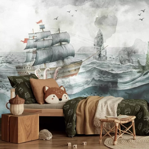 Fototapete Unterwasserwelt mit Oktopus Schiff und Fischen märchenhaftes Muster