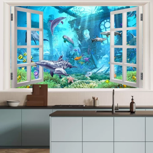 Fototapete Fenster mit Blick auf Fische und Pflanzen in Unterwasserlandschaft