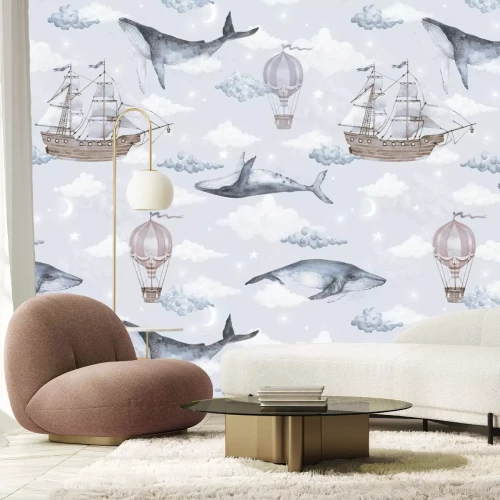 Fototapete Aquarellmotiv mit Walen Schiffen und Ballons vor Himmelshintergrund