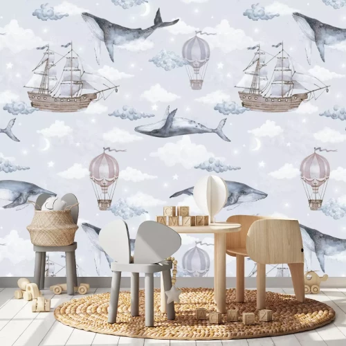 Fototapete Aquarellmotiv mit Walen Schiffen und Ballons vor Himmelshintergrund
