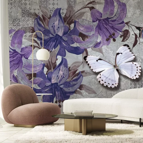 Fototapete Schmetterling und Blumen im Aquarellstil auf Hintergrund mit Mosaik und Ornamenten