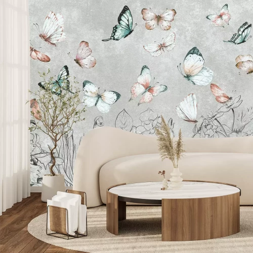 Fototapete Botanisches Muster mit Schmetterlingen Motten und Pflanzen auf grauem Hintergrund