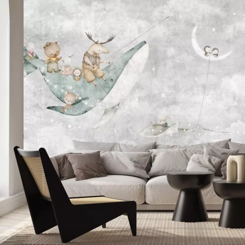 Fototapete Himmel mit Wal Mond und Tieren märchenhaftes Kinderdesign