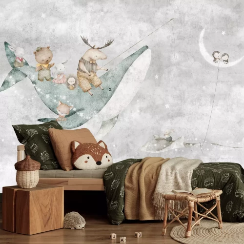 Fototapete Himmel mit Wal Mond und Tieren märchenhaftes Kinderdesign