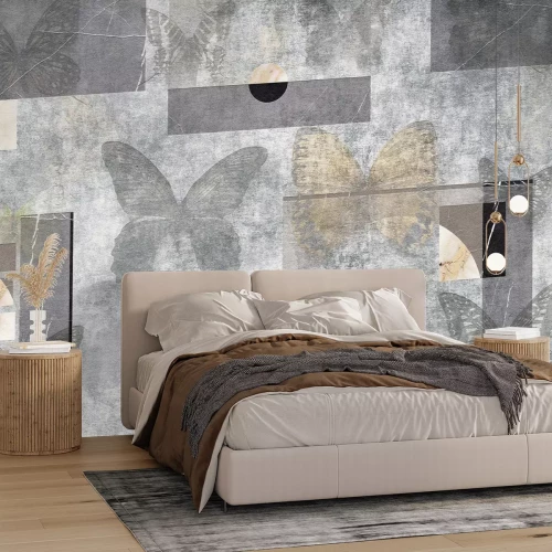 Fototapete Schmetterlinge und geometrische Formen auf Betonhintergrund abstraktes Muster