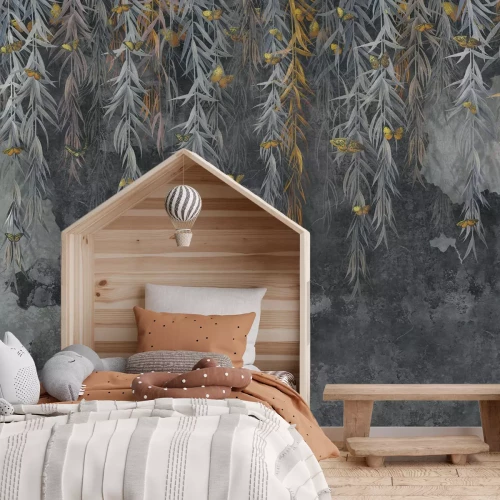 Fototapete Schmetterlinge und hängende Ranken auf rohem Beton Hintergrund modernes Muster