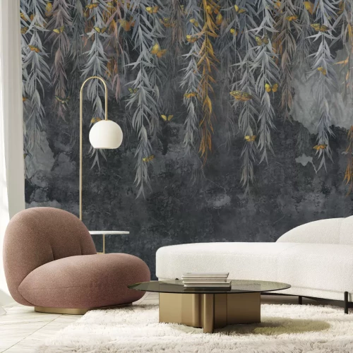 Fototapete Schmetterlinge und hängende Ranken auf rohem Beton Hintergrund modernes Muster