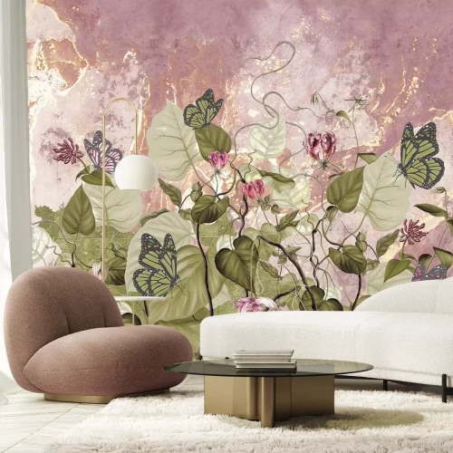 Fototapete Blumen Blätter und Schmetterlinge auf Betonhintergrund naturinspiriertes Muster