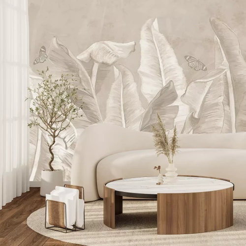 Fototapete Tropische Bananenblätter und Schmetterlinge auf strukturiertem Hintergrund in monochromatischen Farben