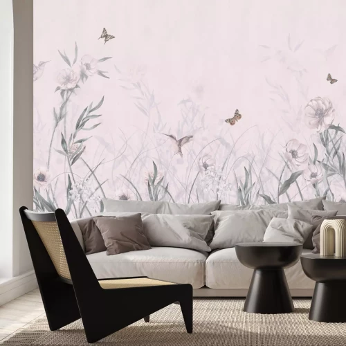 Fototapete Blumenwiese mit Kolibris und Schmetterlingen Aquarellmuster