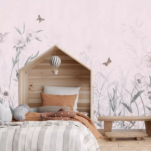 Fototapete Blumenwiese mit Kolibris und Schmetterlingen Aquarellmuster