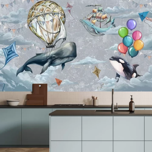 Fototapete Fische Ballons und Drachen zwischen Wolken auf Himmelshintergrund Aquarellmuster für Kinder