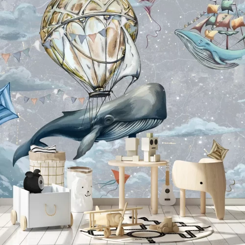 Fototapete Fische Ballons und Drachen zwischen Wolken auf Himmelshintergrund Aquarellmuster für Kinder