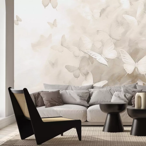 Fototapete Monochromatisches Muster mit Schmetterlingen in Weiß- und Beigetönen minimalistische Abstraktion