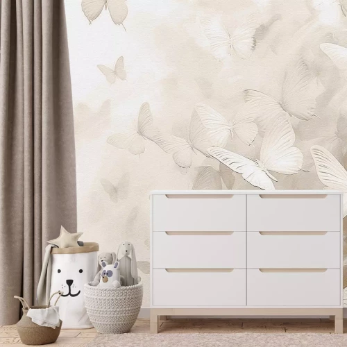 Fototapete Monochromatisches Muster mit Schmetterlingen in Weiß- und Beigetönen minimalistische Abstraktion