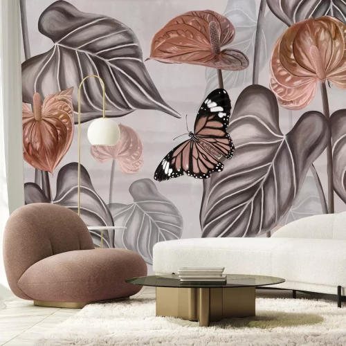 Fototapete Schmetterlinge zwischen exotischen Pflanzen und großen Blättern auf grauem Hintergrund botanisches Muster