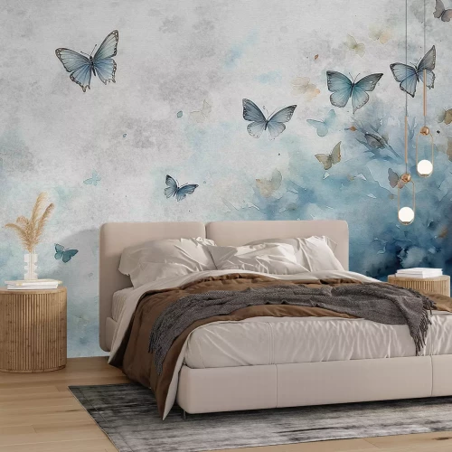 Fototapete Muster mit Schmetterlingen auf Aquarellhintergrund in Grau- und Blautönen