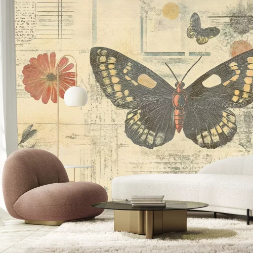 Fototapete Schmetterlinge Blumen und Blätter botanisches Muster im Retro Vintage Stil