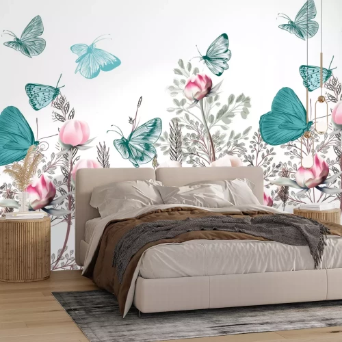 Fototapete Blaue und grüne Schmetterlinge über einer blumenwiese 3D Blumen auf weißem Hintergrund