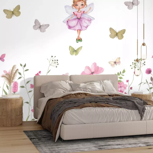 Fototapete Fee und Schmetterlinge über einer blumenwiese märchenhaftes muster für kinder