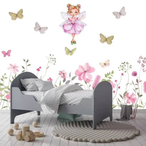 Fototapete Fee und Schmetterlinge über einer blumenwiese märchenhaftes muster für kinder