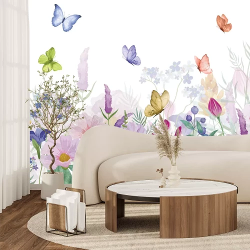 Fototapete Bunte blumenwiese und bunte schmetterlinge auf weißem hintergrund natürliches motiv