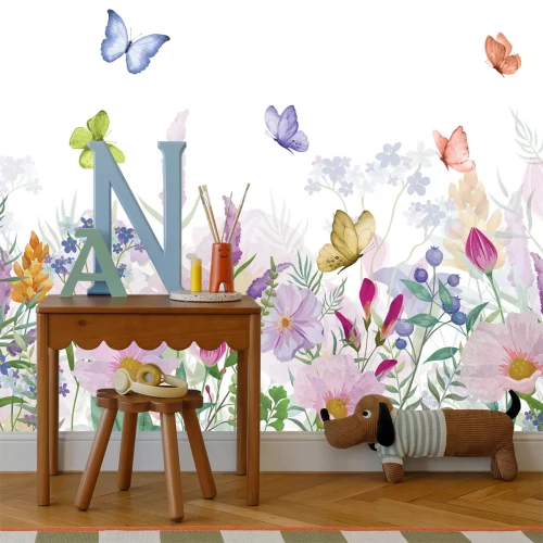 Fototapete Bunte blumenwiese und bunte schmetterlinge auf weißem hintergrund natürliches motiv