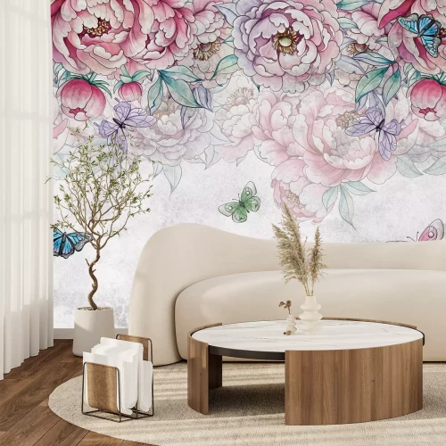 Fototapete Pfingstrosen mit Schmetterlingen und Blättern im Aquarellstil auf hellgrauem Hintergrund