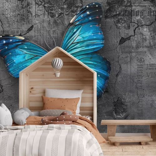 Fototapete Blauer Schmetterling mit 3D-Effekt auf Betonhintergrund mit deutlicher Struktur