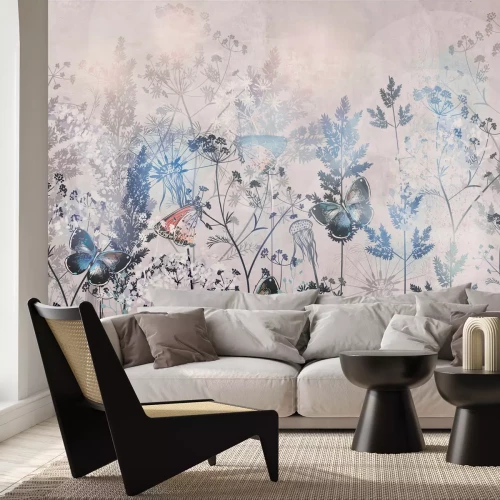 Fototapete Blumenwiese mit Schmetterlingen, Landschaftsillustration im natürlichen Stil