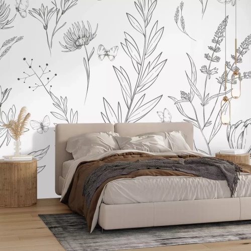 Fototapete Schmetterlinge und Wildpflanzen im minimalistischen Stil, natürliches Muster