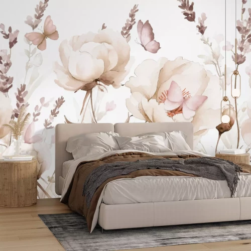 Fototapete Blühende Wiese mit Schmetterlingen im Aquarellstil, zartes Blumenmuster