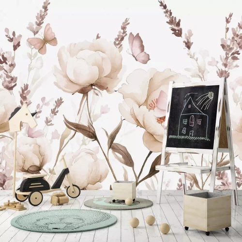 Fototapete Blühende Wiese mit Schmetterlingen im Aquarellstil, zartes Blumenmuster