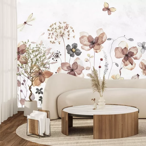 Fototapete Schmetterlinge und Libellen im Aquarell-Wildblumenmotiv auf hellem Hintergrund