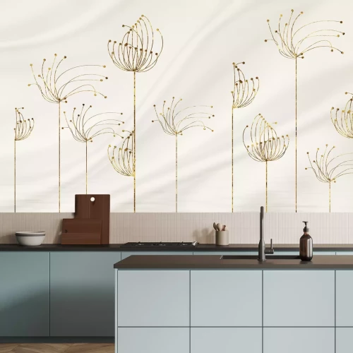 Fototapete Abstrakte Löwenzahnblumen in goldenen Tönen auf beigem Hintergrund