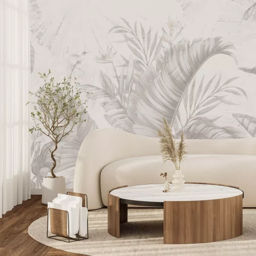 Fototapete Exotische Pflanzen, Strelitzien und Bananenblätter auf texturiertem Hintergrund in gedeckten Farben