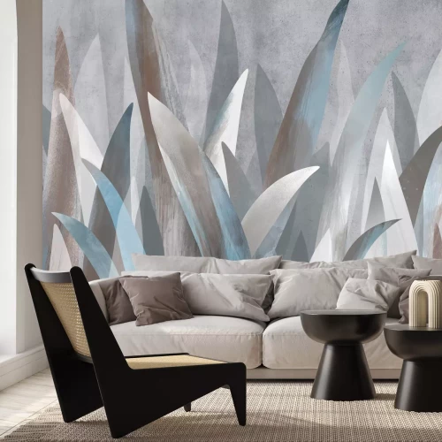 Fototapete Tropische Blätter vor Betontextur-Hintergrund im abstrakten Stil