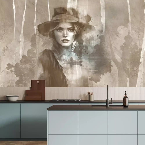 Fototapete Aquarellporträt einer Frau mit Hut und Bäumen im Hintergrund