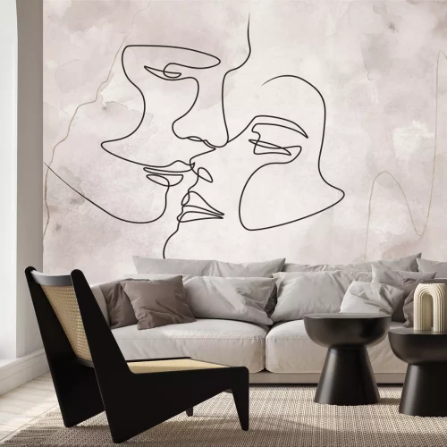 Fototapete Der Kuss von Liebenden im Line-Art-Stil mit zartem Aquarellhintergrund