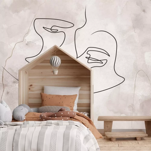 Fototapete Der Kuss von Liebenden im Line-Art-Stil mit zartem Aquarellhintergrund