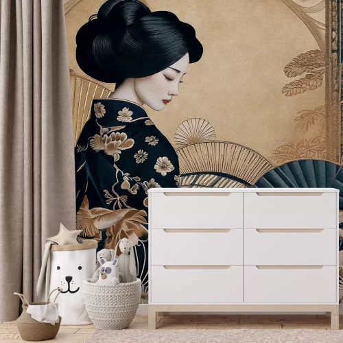 Fototapete Junge Geisha im Kimono, Muster im japanischen Stil