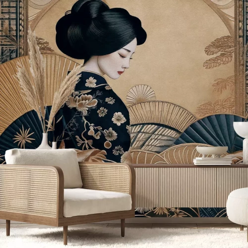 Fototapete Junge Geisha im Kimono, Muster im japanischen Stil