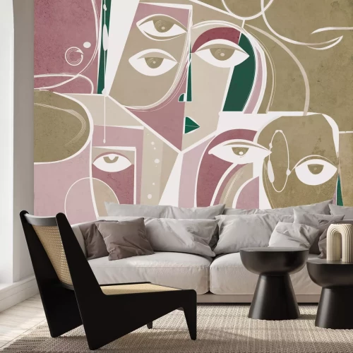 Fototapete Gesichter im abstrakten Stil auf geometrischem Hintergrund
