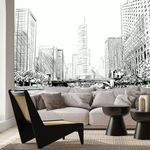 Fototapete Chicago-Panorama schwarz-weiße Zeichnung mit Wolkenkratzern und Fluss