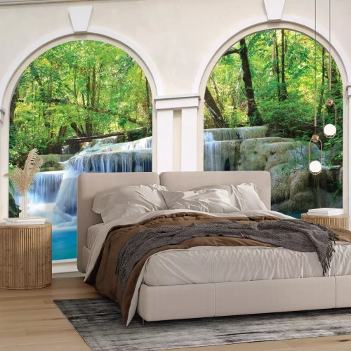 Fototapete Fensterarchitektur mit Blick auf den Wasserfall